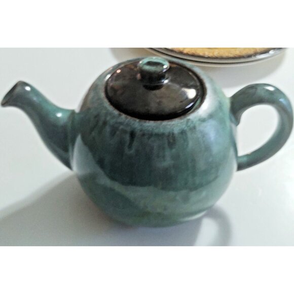 1960s Evangeline Ware Canuck Pottery Canada Teapot Teal/Green/Brown Glaze 4 cup - Picture 1 of 13